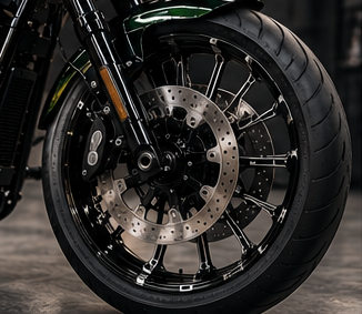 バイクのホイールとブレーキディスク周辺を捉えたイメージ